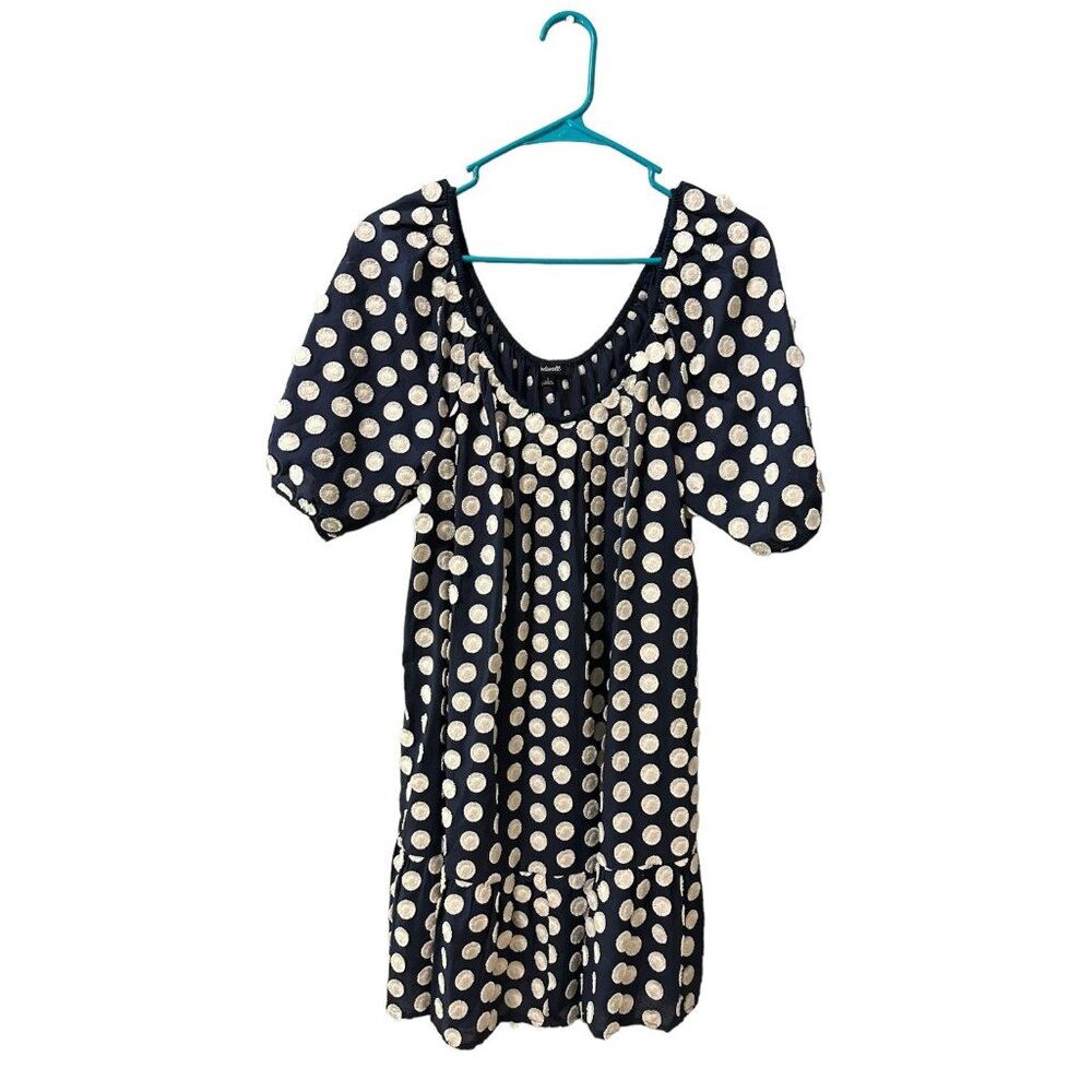 Madewell Navy & White Polka Dot Puff Sleeve Dress or Tunic Top Size L Ruffle